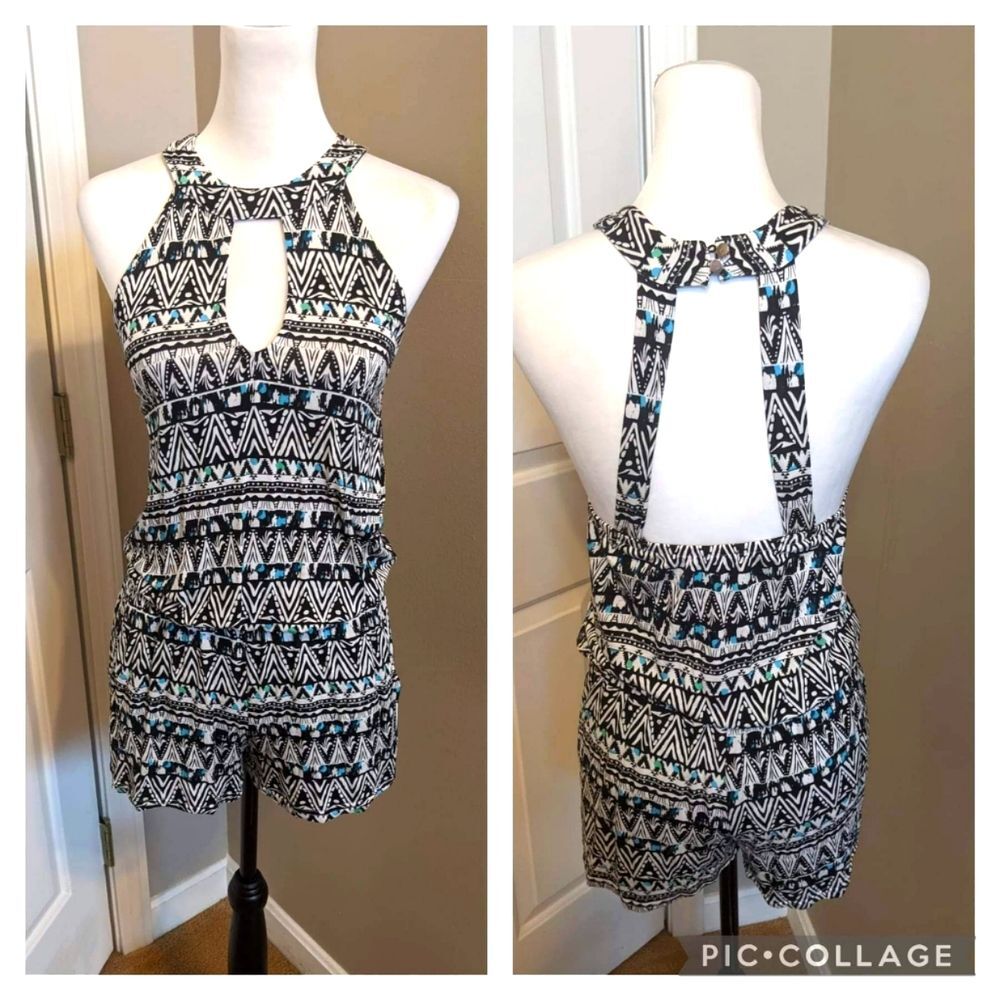 VENUS black & white tribal print romper, elastic waistband, open back S